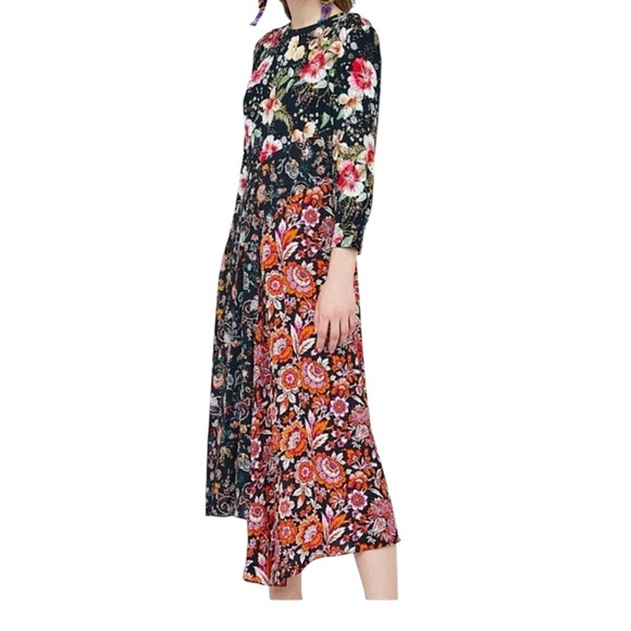ZARA | NWOT PATCHWORK FLORAL PAISLEY BOHO MIDI DRESS ASYMMETRICAL HEM | MEDIUM - Picture 14 of 14